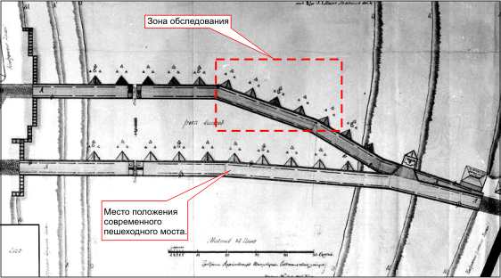 Георадарное обследование опор древного моста. Схема моста 1802 года